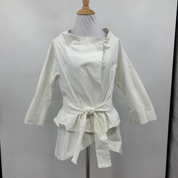 Jarbo Blouse Womens 38 White Crepe Fabric 3/4 Sleeve Tie Waist Tulip Layered - Picture 2 of 15